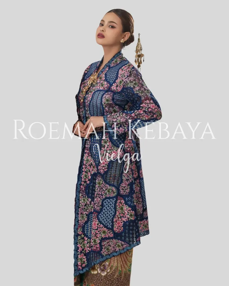 Long Kebaya with Jasmine Flower Embroidery - Electricric Blue