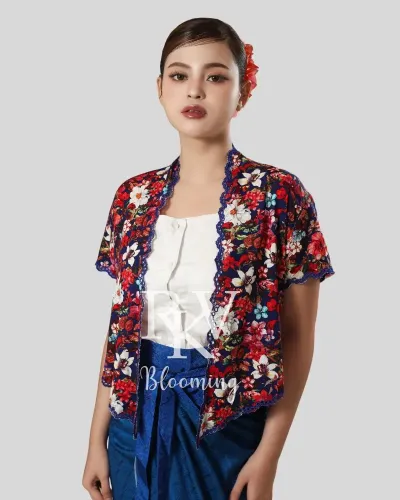 Embroidered Short Kebaya with Bunches Of Jasmine Flower Motif - Electric Blue