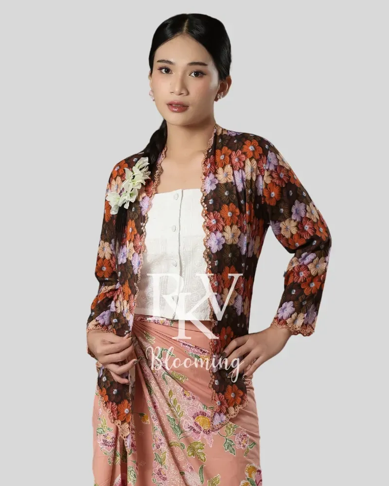 Short Kebaya with Jasmine Embroidery - Brown
