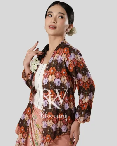 Embroidered Short Kebaya with Bunches Of Jasmine Flower Motif - Brown