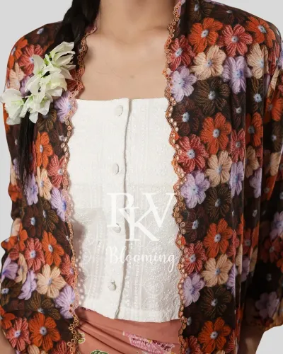 Embroidered Short Kebaya with Bunches Of Jasmine Flower Motif - Brown